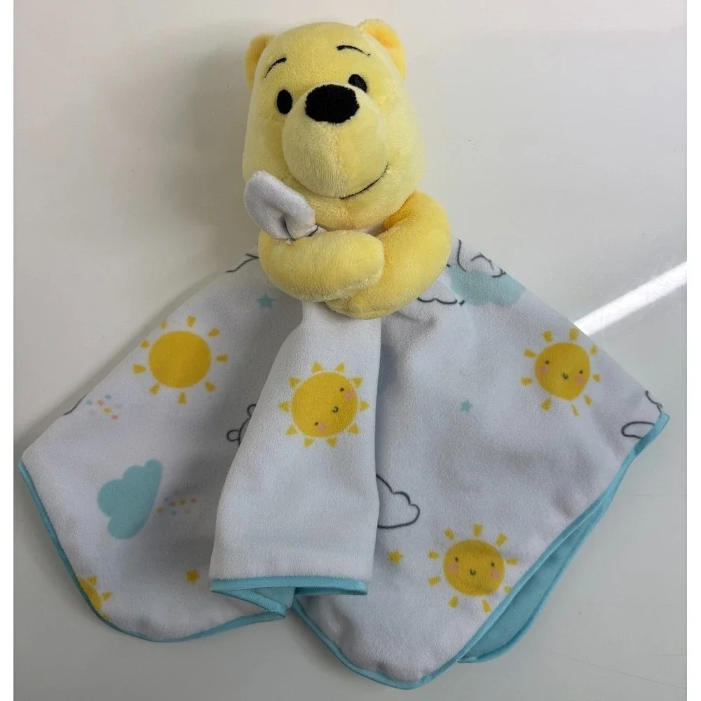 Disney Winnie the Pooh Baby Lovey Security Blanket Yellow Blue Sun Clouds